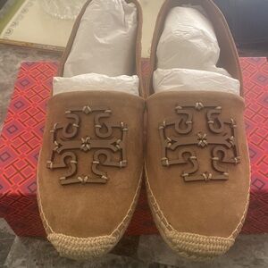 These are Tory Burch Suede Ines Espadriles, size 10 in the color Almond Flour.